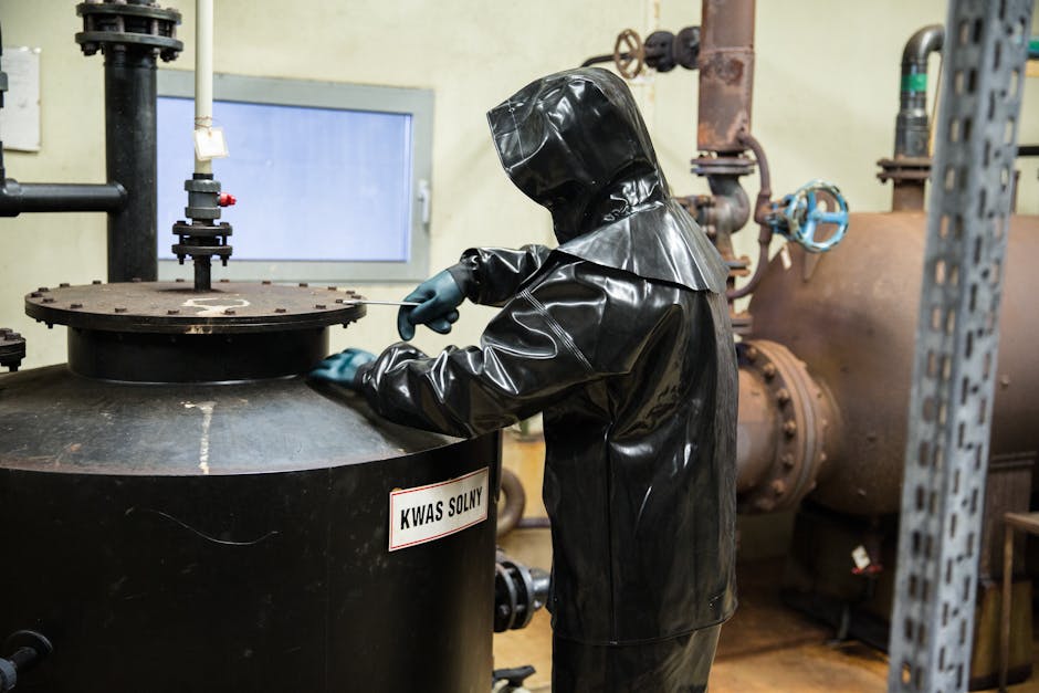 A worker in protective suit operates machinery indoors, ensuring safety in an industrial setting.