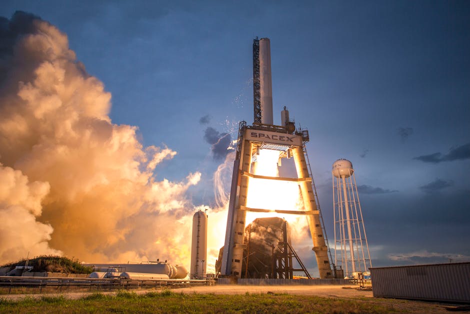 A dramatic shot of a SpaceX rocket launch against a colorful dusk sky, depicting power and technology.