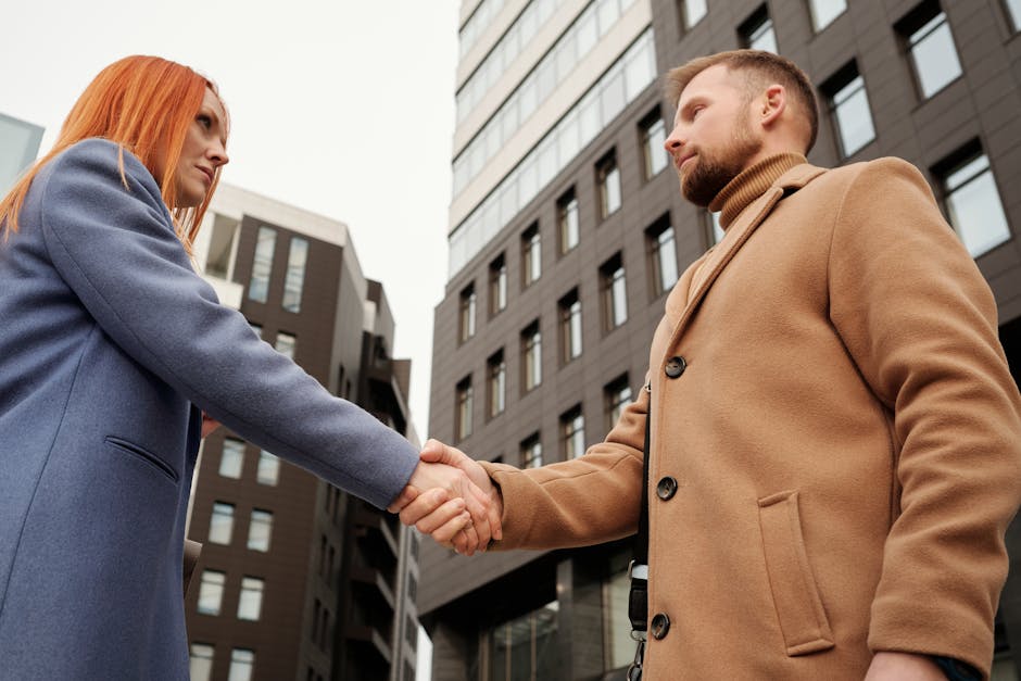 Man and woman shaking hands in a cityscape setting, symbolizing a business partnership.
