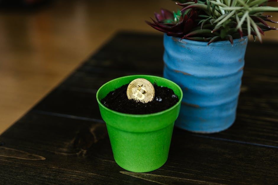 A Bitcoin coin embedded in soil within a green pot, symbolizing growth and investment.